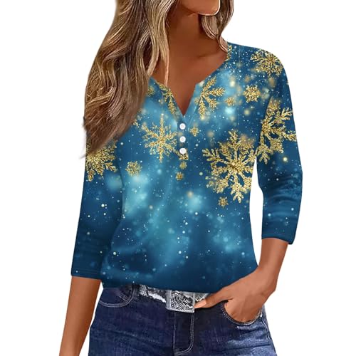 Image of Women Christmas Shirt 3 /4 Length Sleeve Henley Tops Xmas Outfits