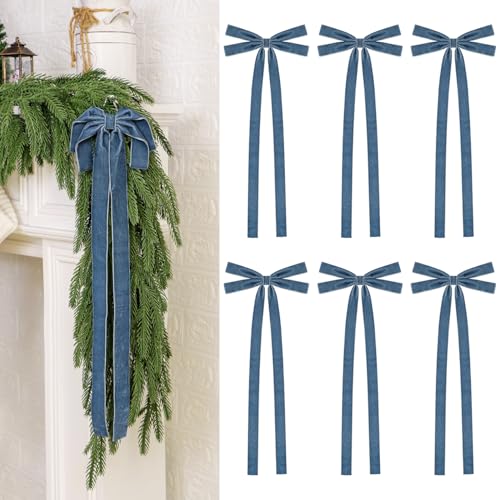 6Pcs Velvet Ribbon Bows - 8 x 20 Inch Extra Large Christmas Tree Bow with Long Tail for Xmas Tree Wreath Garland Fireplace Staircase Door Window Cabinet Wedding Home Decoration (6 Dusty Blue)