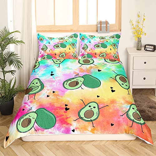 Funda de edredón de aguacate para niñas y niños, colorido juego de ropa de cama de teñido anudado para niños y niños, funda de edredón de tinta arcoíris, funda de edredón de frutas tropicales,