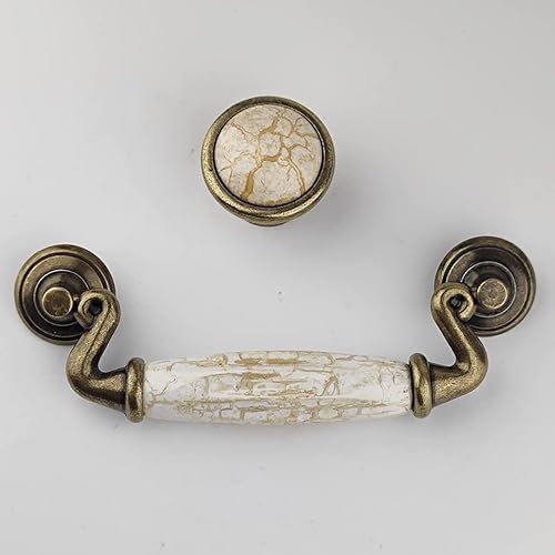 Miniatura 4 de Paquete de 4 tiradores de cajón de cerámica marmoleada de 4 12 pulgadas, tiradores de cajón de bronce antiguo para pomos de armario de cocina, 4.5