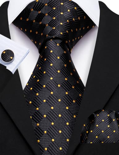 Image of Barry.Wang Plaid Ties Checkered Mens Silk Necktie Handkerchief Cufflinks