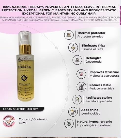 Kashia Beauty Argan Silk The Hair Joy 2 oz – Leave-In Treatment with 100% Pure Organic Argan Oil – Thermal Protector Anti-Frizz & Shine Enhancer – Lightweight Formula for All Hair Types