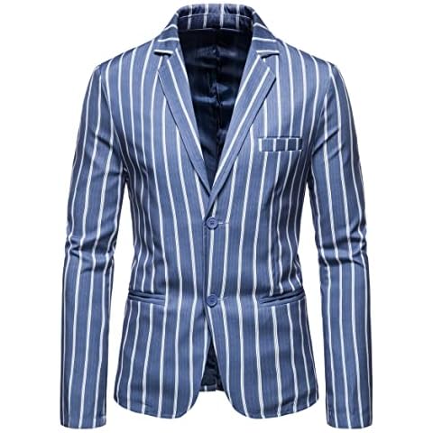 WXDSNH Men's Suit Jacket Blue White Stripes Two Buttons Casual Slim Fit Groom Singer Costume Formal Business Coat Fall Blazer, L Cover