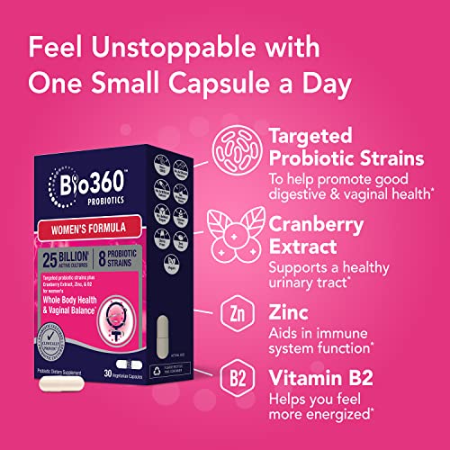 Bio360 Probiotics For Women, Vaginal & Digestive Health, Targeted Probiotic Formula 8 Strains 25 Billion Cfu, Cranberry, Zinc & Vitamin B2, Stable Blister Pack, 30 Vegan Supplements #TOP6