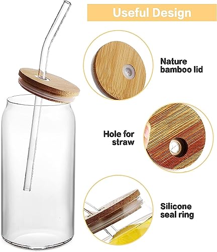 Image of 500ML Glass Cups with Bamboo Lids and Glass Straws Drinking Tumbler Iced Coffee Cup Smoothie Cups for Bubble Tea Whiskey Water Gift