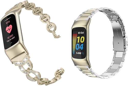 Wearlizer Compatible con correas clásicas de acero inoxidable para Fitbit Charge 5 + bandas brillantes (oro sólido, dorado y plateado)
