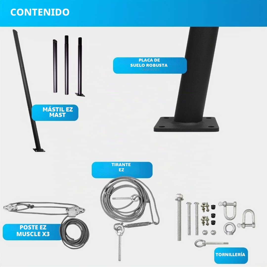 EZ Mast - Poste para vela de sombra 260 cm, 5 puntos de anclajes/ojales de acero galvanizado, sistema multivela, Ø70 mm - Incluye accesorios, zinc - Inclinación 80°