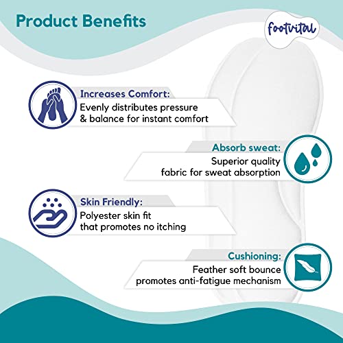 Image of Footvital Memory Foam Shoe Insoles for Men and Women | Soft Cushioned Inserts for Long Standing and Walking | Supports Heel and Arch | Shock Absorbing | Moisture Absorbing | Lightweight Washable Insoles for All Shoes | 1 Pair | Grey | Size 6