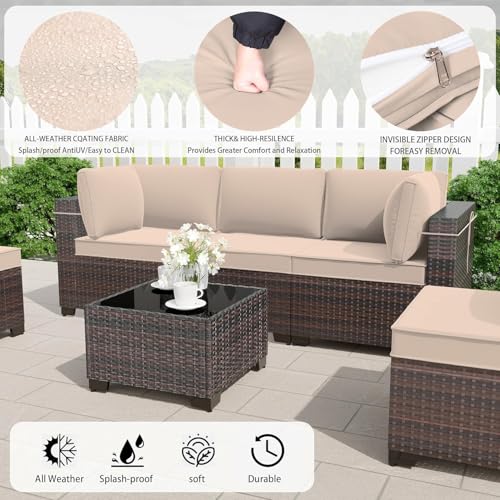 Image of 9 Pieces Outdoor Sectional Furniture All Weather PE Rattan Wicker Patio Conversation Set with Coffee Table and 8 Thickened Cushions,Sand