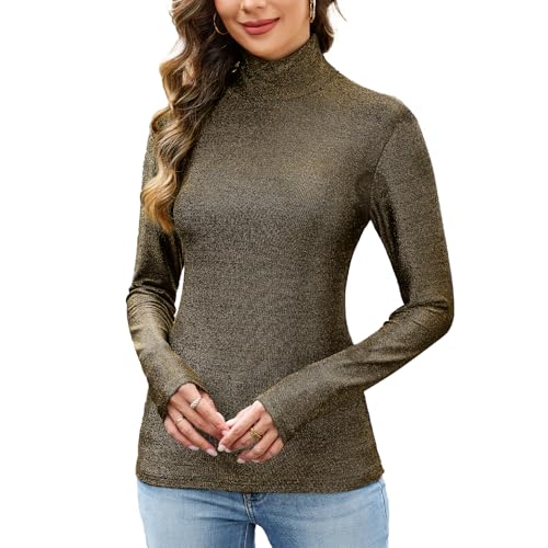 Sparkly Tops for Women, Turtleneck Long Sleeve Slim Fit Glitter Tee Blouse Tops