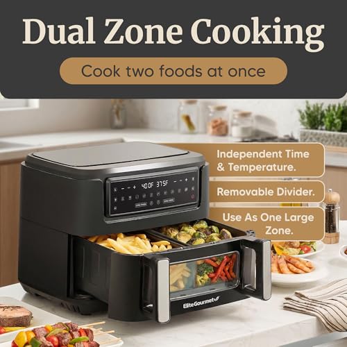 Elite Gourmet Dual Zone Air Fryer Oven 11QT, Dual Basket Air Fryer with Divider, Sync Finish & Sync Cook, PFAS Free Nonstick, 10 Presets, Air Fry Bake Roast Broil Toast Dehydrate, 1600W Black by Elite Gourmet - Image 2