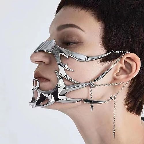 JOPOYOCO Masque facial métal gothique SteamPunk mécanique Alien fluide Accessoires de visage Boucles d'oreilles pour femme et homme bal de fin d'année,...