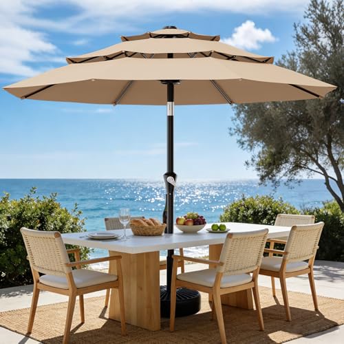 Image of AreShark 9ft 3-Tier Patio Umbrellas, Outdoor Umbrella with 8 Sturdy Ribs UV Protection Windproof, Market Table Umbrella w /Push Button Tilt & Crank for Pool, Porch, Deck, Garden(Beige)