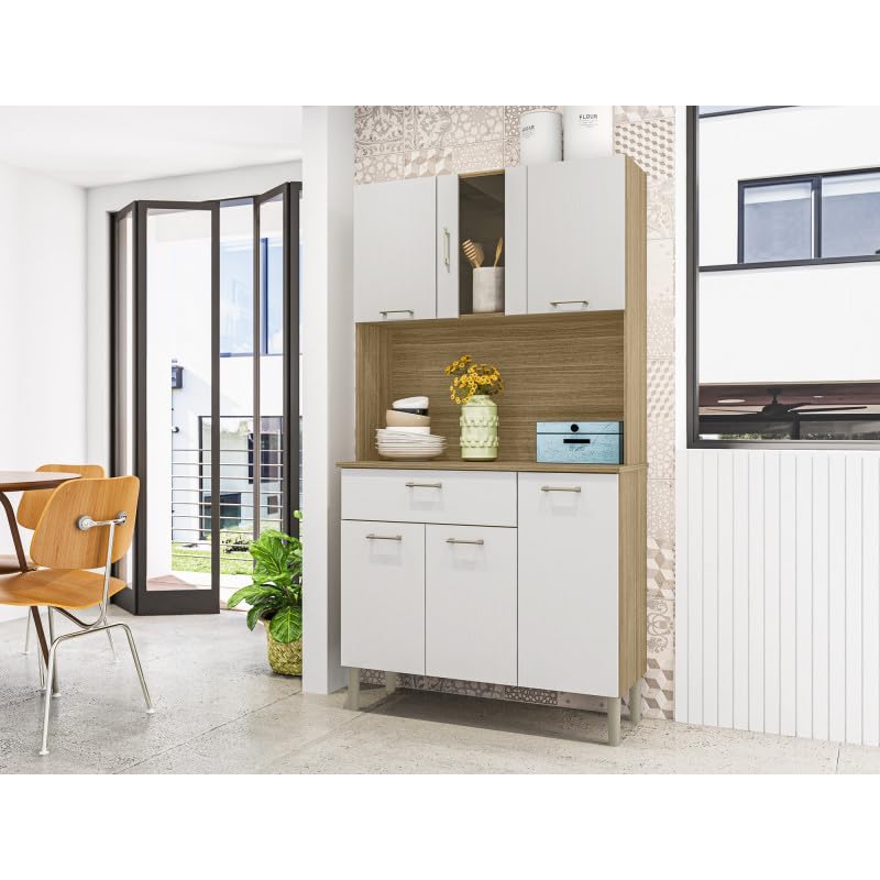 ACTUAL DIFFUSION Buffet de Cuisine 6 Portes 1 Tiroir Chêne et Blanc 5 Niches L92 H170.5 P36.3 cm