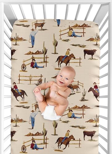 Image of Sweet Jojo Designs Fitted Baby Crib Sheets (Western Cowboy) for Boys, Infant Nursery, Toddler Room - Standard Size (Vintage Americana, Wild West, Southern, Country, Beige, Tan, Farm, Horse Ranch)