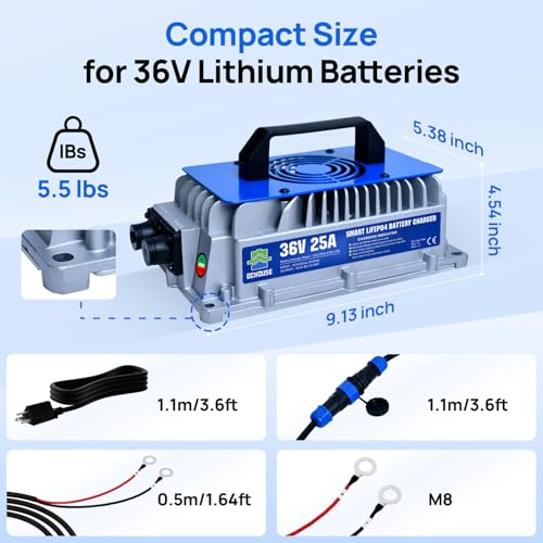 DC HOUSE 36V 25A Lithium Battery Charger, 900W Fast Charger, Charging Efficiency ≥ 93%, Waterproof Anti-Fall with Cooling Fan, Suitable for 36V Golf Cart,Trolling Motor, Forklift LiFePO4 Battery - Thumbnail 5
