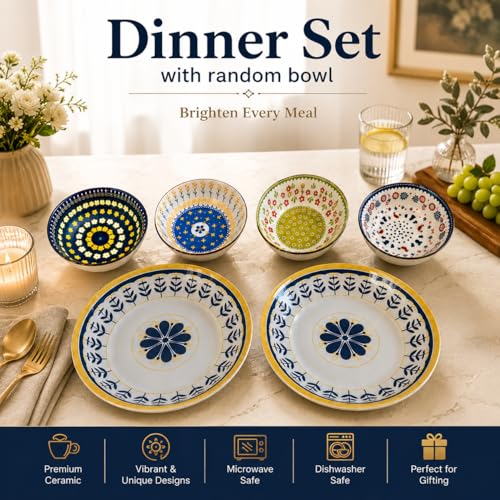 Image of 6-Piece Ceramic Dinner Set, 2 Plates & 4 Bowls, Microwave Safe, Dishwasher Safe, Floral Dinnerware (Royal Blue Floral, 2 Plate & 4 Bowl Set)