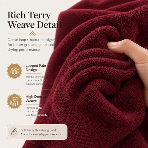 Image of 100% Pure Cotton Bath Towel for Men & Women | 380 GSM Ultra Soft, Highly Absorbent & Quick Dry Bath Towel | Large 55 x 28 Inch Matty Terry Towel for Bathroom, Gym, Travel & Daily Use | Wine