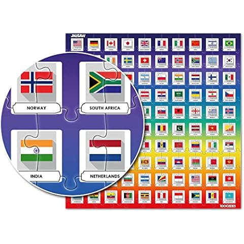 100 PICS Flags Jigsaw Quiz | Family Puzzle + Fun Quiz | 1-8 Players | Large Table Game | 45 Minutes Playing Time Cover