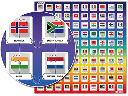 100 PICS Flags Jigsaw Quiz | Family Puzzle + Fun Quiz | 1-8 Players | Large Table Game | 45 Minutes Playing Time