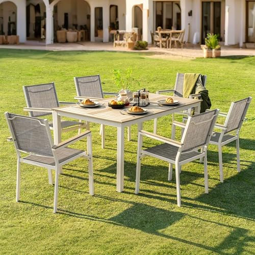 NUU GARDEN 7-Piece Patio Furniture Set, Outdoor Dining Faux Wood Table Top Textilene Dining Set with Umbrella Hole, 6 Chairs and 1 Table for Backyard, Deck, Garden and Yard, Light Brown and Gray
