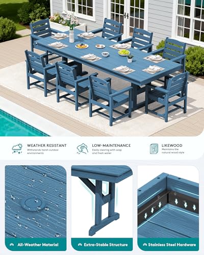 Image of SERWALL 9 Piece 84 inch HDPE Outdoor Dining Set for 8 with Armchairs and Umbrella Hole, Blue