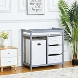 Grand Capacité de Rangement Pratique : Table à langer bébé et table à langer avec paniers de rangement dotée de trois tiroirs coulissants spacieux et d’un panier à linge amovible, offrant un rangement optimal pour organiser les couches, serviettes, vêtements, jouets et accessoires bébé à portée de main, gardant la chambre d’enfant propre et ordonnée.