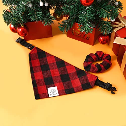E-Clover Dog Collar Bandana & Matching Scrunchie Set Adjustable Buffalo Plaid Dog Bandanas Collars Pet Accessories For Small Medium Dogs Cats Owner Costumes #TOP6