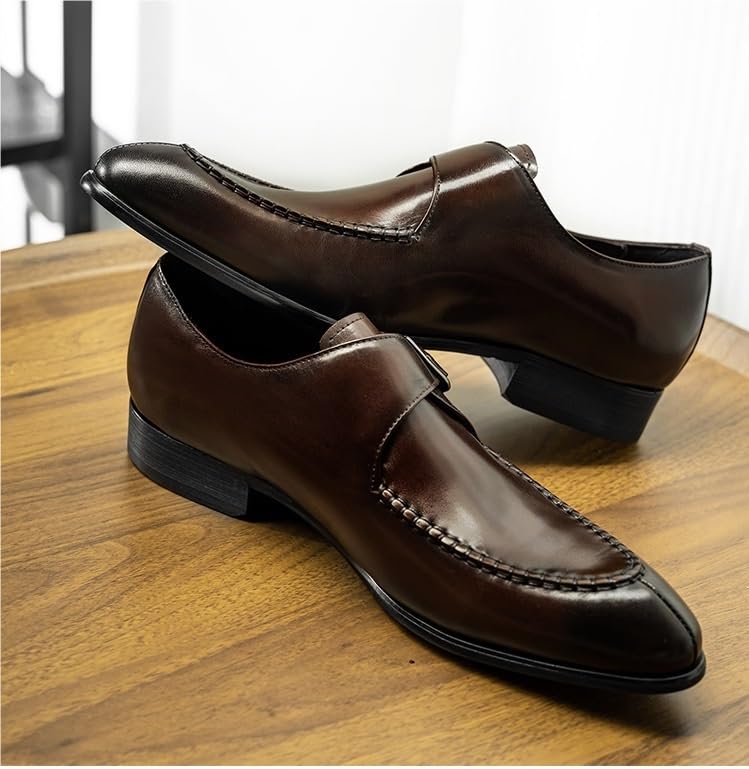 HOOENG Oxford Dress Shoes for Men Slip On Pointed Toe Genuine Leather Split Toe Monk Strap Block Heel Slip Resistant Anti-Slip Rubber Sole Casual(Light Coffee,7)3