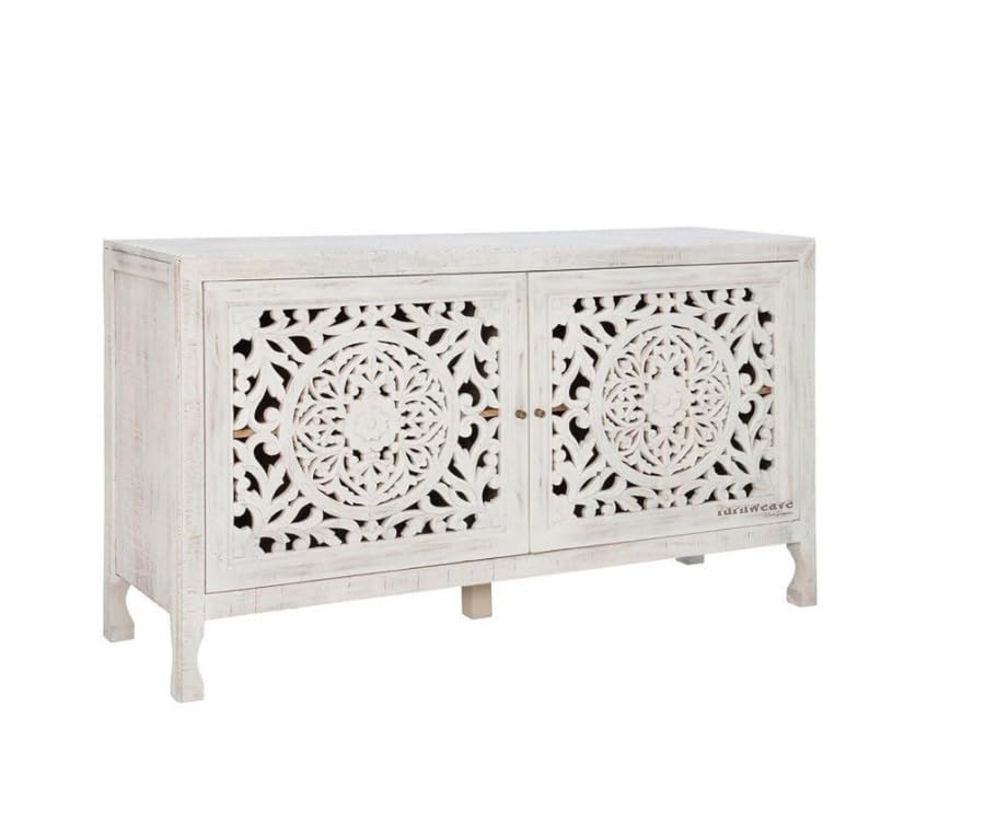 Image of Yepa Wooden Sideboard Cabinet for Living Room | Handcrafted Solid Wood Storage Cabinet with Carved Doors | Crockery Cabinet for Home | Crockery Furniture for Home (White Distress)
