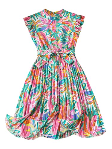 Image of Milumia Women's Floral Print Ruffle Cap Sleeve Short Dress Belted Pleated Casual Dresses