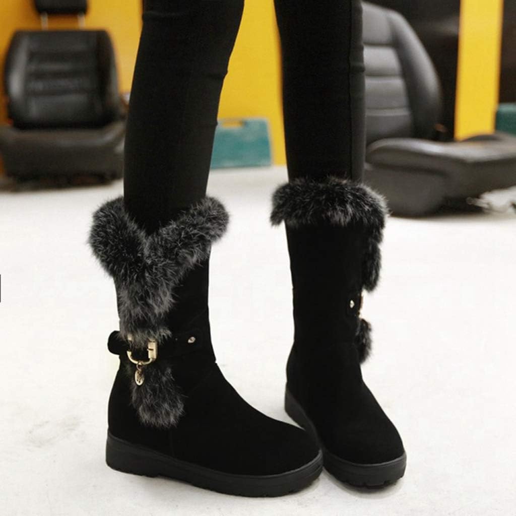 MIOKE Women's Winter Fur Snow Boots Waterproof Mid Calf Suede Buckle Slip On Platform Wide Warm Snow Boot