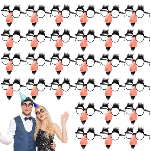 Jowgut 30 Pieces Disguise Glasses with Funny Nose Novelty Glasses with Eyebrows Mustache Classic Party Accessories Weird Eyeglasses for Adults Christmas Halloween Birthday Office