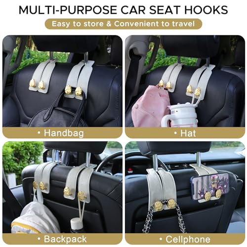 URIZZD 2PCS Leather Car Seat Hooks for Headrest, Vehicle Hanger Storage Organizer Universal for Handbag Purse, Car Accessories Gift (White-Gold)