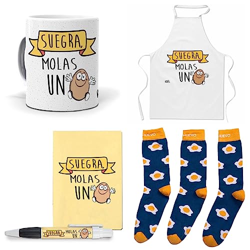 Que Regalar para Suegras. Suegra molas un Huevo. Taza,Delantal, libreta, boli y Trio de Calcetines