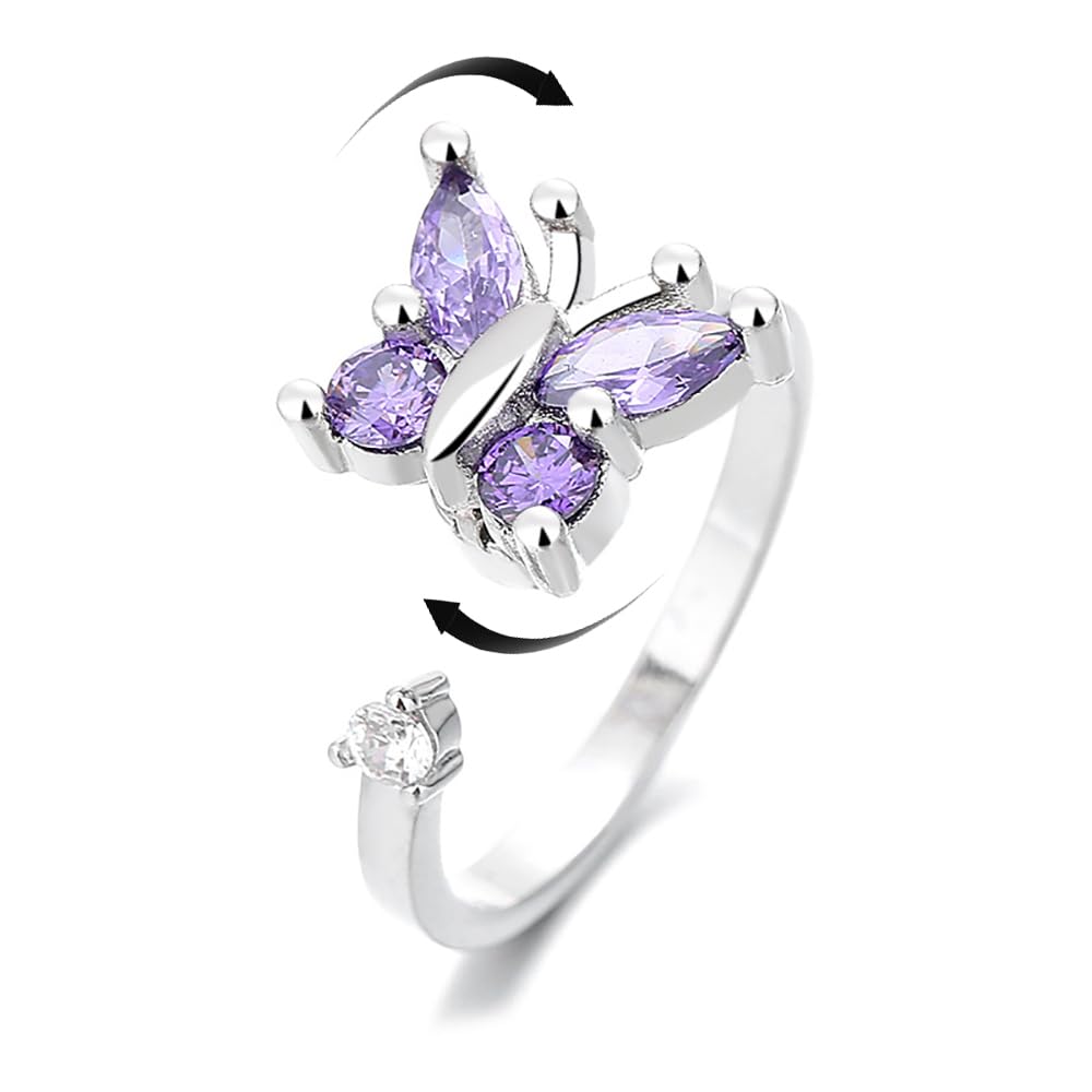 Ametyst motyl Fidget pierścionki lękowe dla kobiet dziewcząt fioletowy CZ obracają się swobodnie inspiracje spinner, ulga stresu, otwarte, układanie w stos, pierścień na palec, wieczność, obietnica,