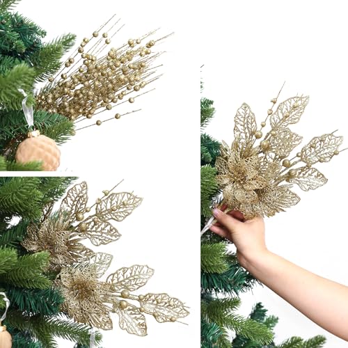 CristBest 24 Pack Christmas Tree Ornaments - Artificial Flowers Glitter Berry Stems Christmas Floral Picks Branches for Xmas Tree Decorations Vase Filler Holiday Wedding Party Home Decor (Gold) - image 6