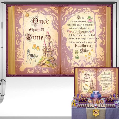 Décoration arrière-plan livre géant ouvert et bannière conte de fées vintage violet 2.2x1.5m
