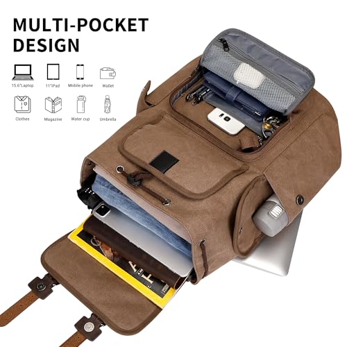 Image of WITZMAN Canvas Backpack for Men Vintage Rucksack Fits 15.6 inch Laptop | Drawstring Backpack, Travel High Capacity Casual Daypack with USB Charging Port, For Vacation, Overnight Trip, A8004 Brown