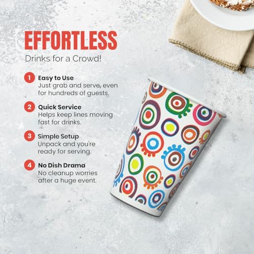 Image of PARICOTT 330ml, Pack of 50pcs Colourful Circle Printed Disposable Glass Drinking Cups for Cocktail Alcohol Wine Tea Coffee Cold Drink Juice Water Party Paper Cups Use and Throw Without Lid Paper Cup