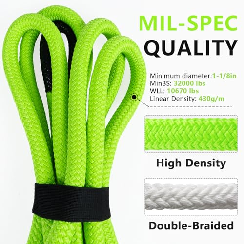 Image of NTR 1-1 /8 inch x 30' Kinetic Recovery Tow Rope (37,480lbs), with 2 UHMWPE Soft Shackles (40,980lbs), Heavy-Duty Offroad Snatch Strap, Vehicle Recovery kit for Jeep car Truck ATV UTV SUV