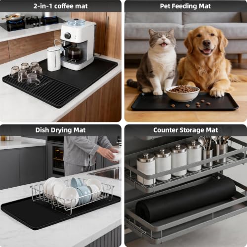 Image of Coffee Mat with Detachable Dish Drying Mat，24'' x 16'' Large Silicone Coffee Bar Station Mat for Countertop, Stays in Place, Waterproof and Heat Resistant Machine Accessories Mat with Raised Edges