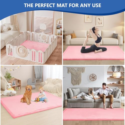 Image of Huloo Sleep Baby Play Mat for Floor,1.3 inch Thick Elasti-Foam 74x50 Playpen Mat for Toddlers Infant kids,Water-Repellent Soft Coral Velvet for Tummy Time, Non-Slip Backing for Crawling,Tatami Style(Pink)