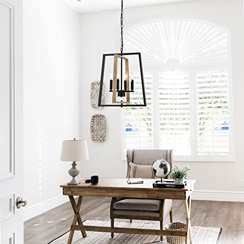 Ankita 18.7" 4-Light Rustic Farmhouse Foyer Chandelier, Lantern Pendant Light. Smoked Birch Wood Style With Black Finish For Dining Room, Kitchen Island, Foyer Or Stairway #TOP2