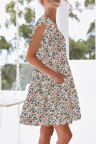 Image of nclook Womens Summer Casual Dresses Sweet Cute V Neck Mini Dress with Pockets Ruffle Short Sleeve