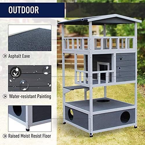 review PawHut Wooden Outdoor Cat House, Feral Cat Shelter Kitten Condo with Asphalt Roof, Escape Doors, Condo, Jumping Platform, Grey