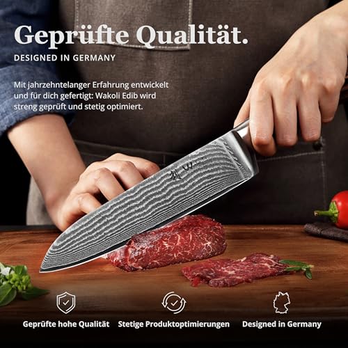 Foto von Wakoli EDIB 3 teiliges Damastmesser Set in hölzerner Geschenkbox I Scharfes Messerset gefertigt aus 67 Lagen echtem Damaststahl mit Pakkaholzgriff I Premium Damast Küchenmesser Set mit 8-17cm Klingen