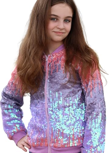 Lovekider Girls Sequin Jacket Glitter Long Sleeves Gradient Ombre Bomber Coat with Ribbed Cuffs for 4-12 Years Kids