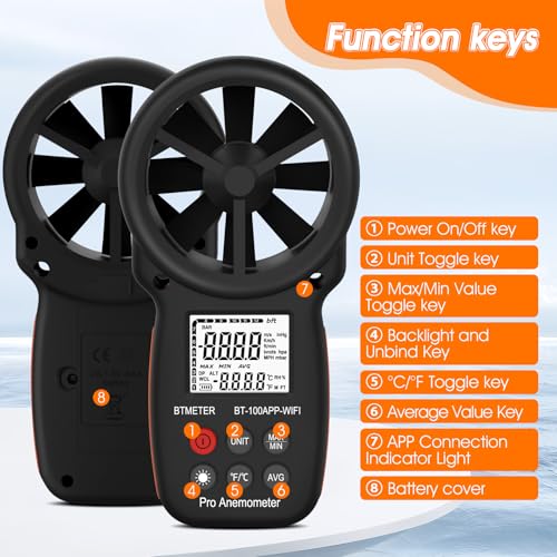 BTMETER Wireless Anemometer - Digital Wind Speed Gauges with WiFi Connectivity & APP Operation, and Max/Min/Average Values, Airflow Meter for HVAC Air Velocity/Wind Tempe (14℉~113℉) Testing - Thumbnail 3