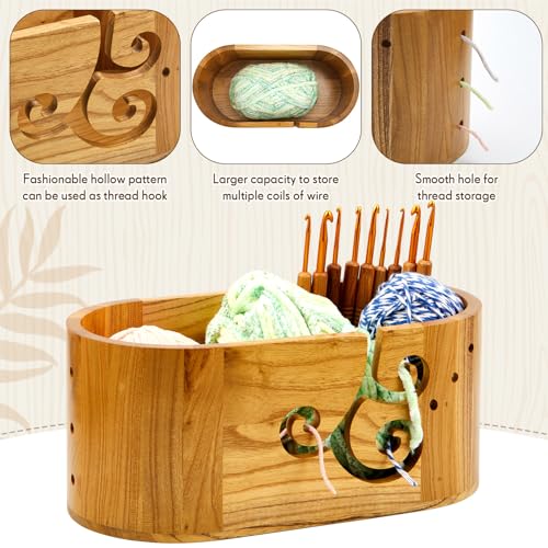 Image of Marsui Yarn Bowl for Crocheting with 9 Knitting Hooks 3 Holes Curly Design Wooden Crochet Yarn Holder 10.79 x 5.47 x 4.72 Inch Oval Baskets for Knitting Storage for Knitters Lover Mother Gifts